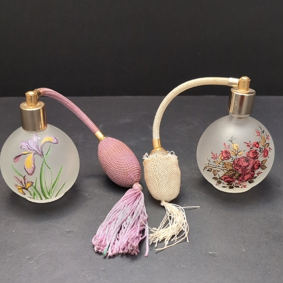 Satin glass Other - Vintage Set of 2 Clear Satin Glass Floral Atomizer Perfume Bottles.